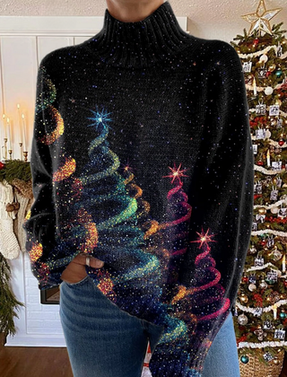 Multicolor glitter Christmas tree turtleneck sweater with relaxed fit