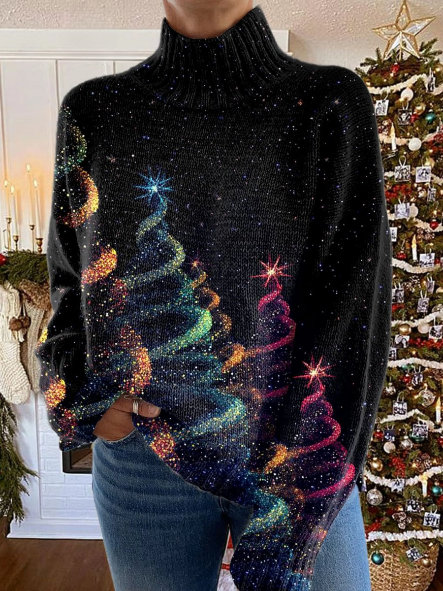 Multicolor glitter Christmas tree turtleneck sweater with relaxed fit