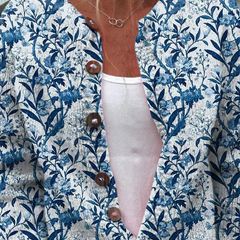 Blue and white vintage floral button-front cardigan with wooden buttons and long sleeves
