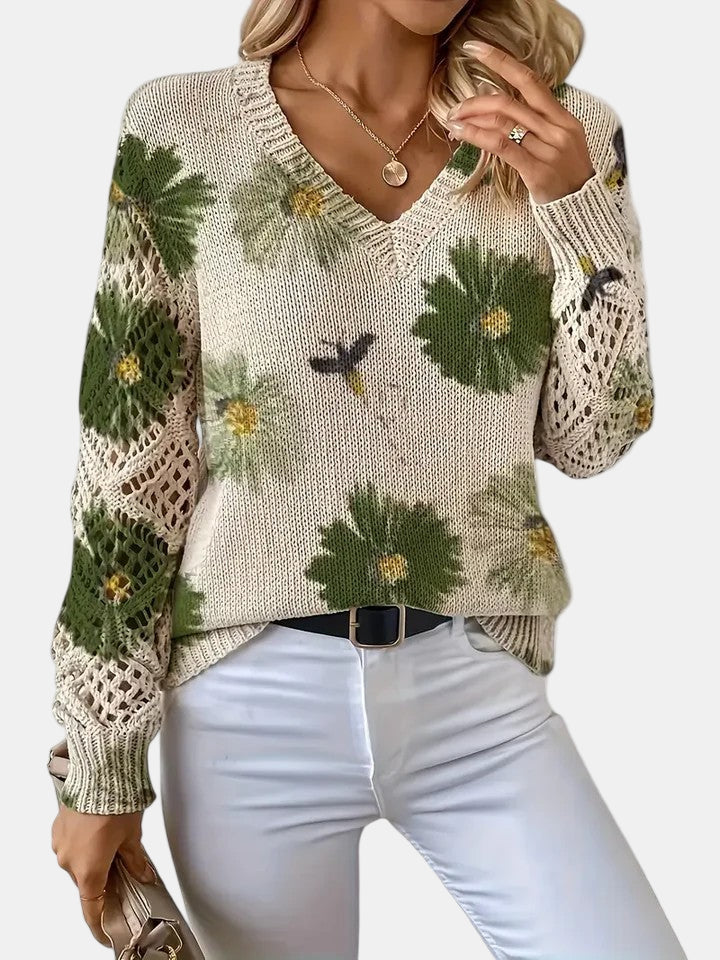 Delphine | Floral Knit V-Neck Sweater