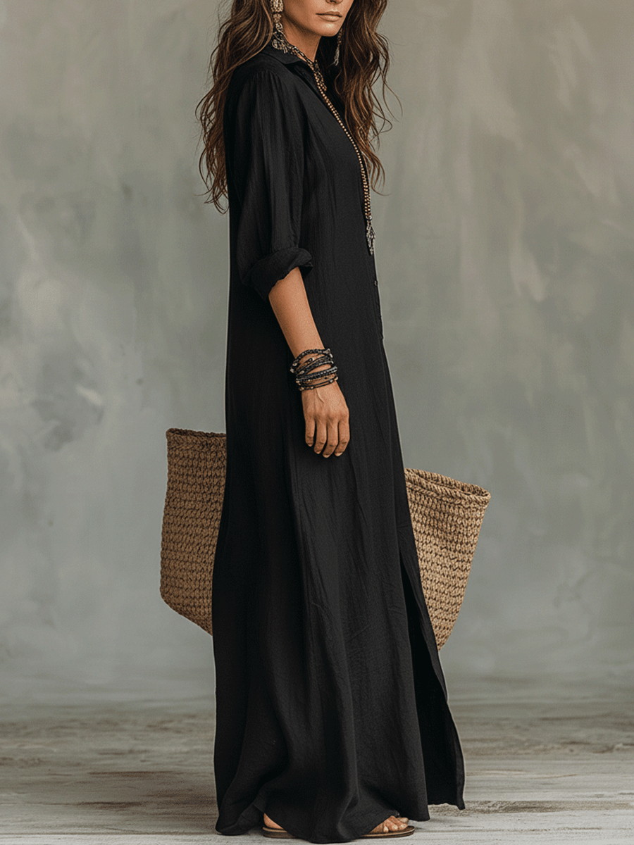 Rosalie | Button-Front Bohemian Shirt Maxi Dress