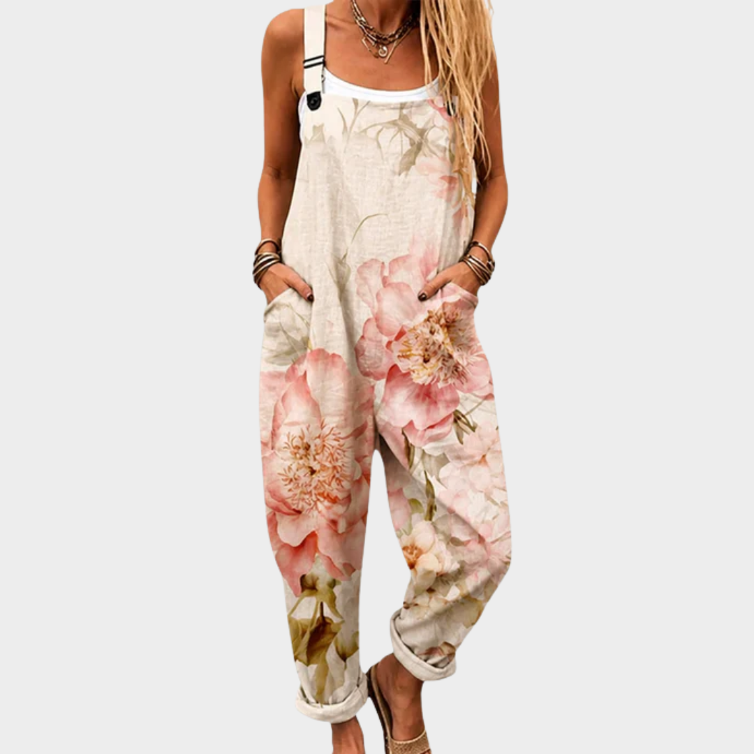 Beige printed wide-leg overalls with adjustable straps for women