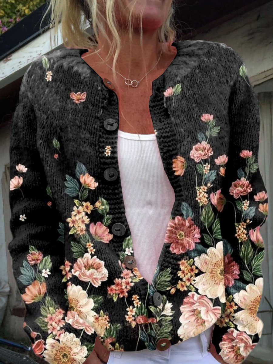 Women's open-front cardigan in a black vintage floral print with soft pinks, creams and sage greens.
