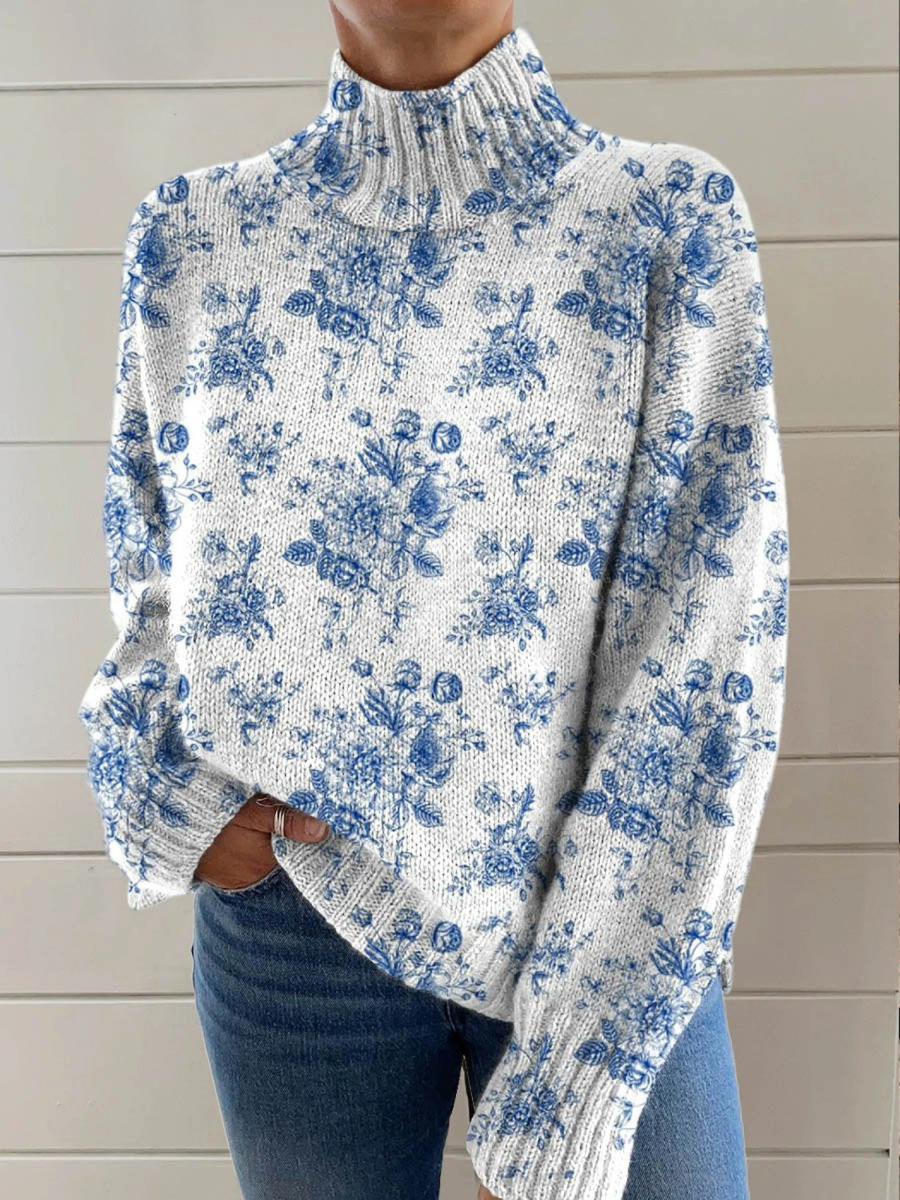 Multicolor blossom turtleneck sweater with ribbed cuffs and hem in a relaxed fit