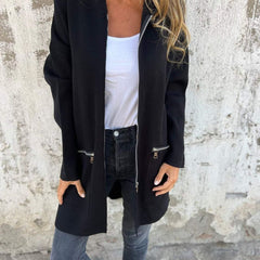Women's hooded long sleeve open-front cardigan shown in a soft everyday style