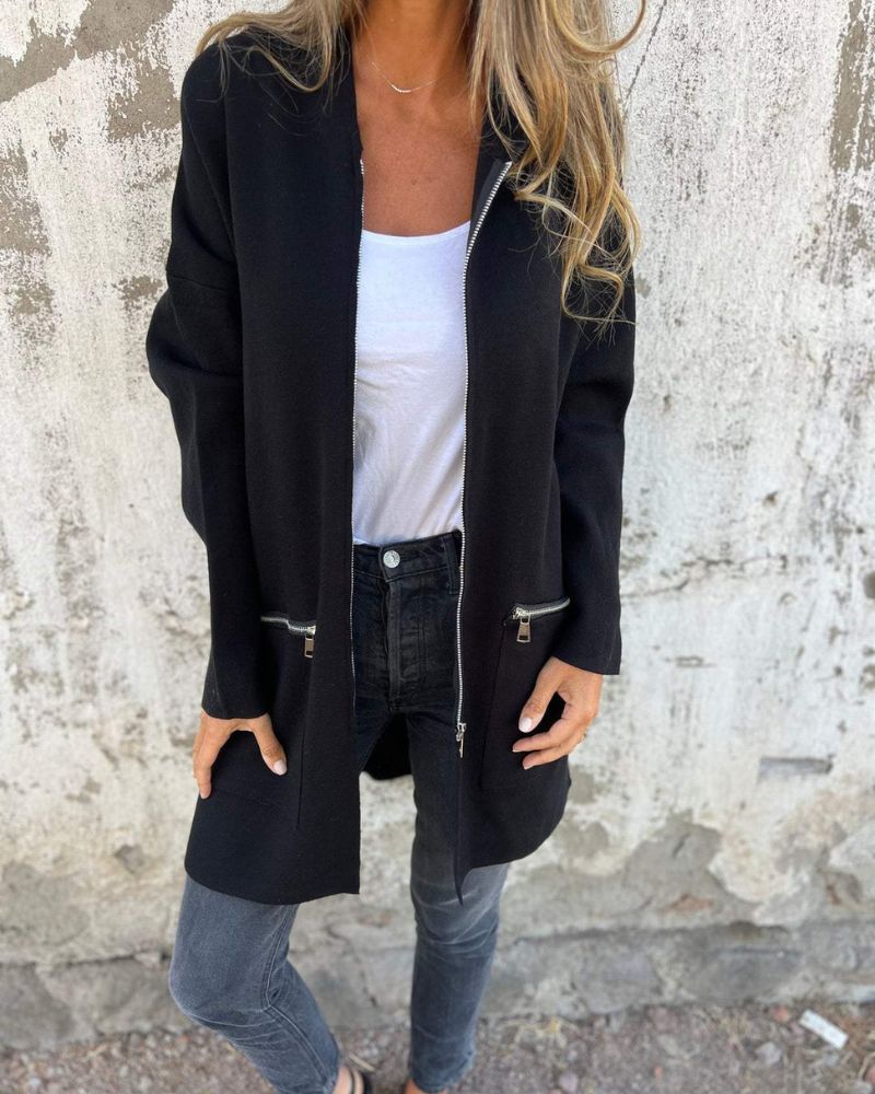 Women's hooded long sleeve open-front cardigan shown in a soft everyday style