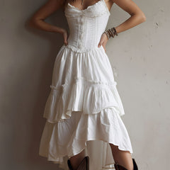 Boho corset midi dress with tiered skirt and delicate lace trim at the neckline