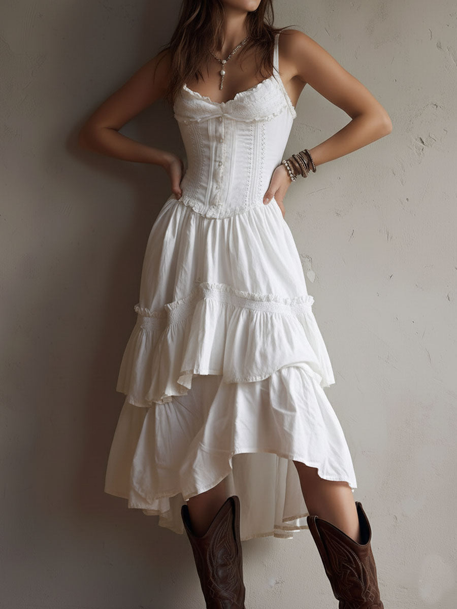 Boho corset midi dress with tiered skirt and delicate lace trim at the neckline