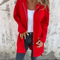 Women's hooded long sleeve open-front cardigan shown in a soft everyday style
