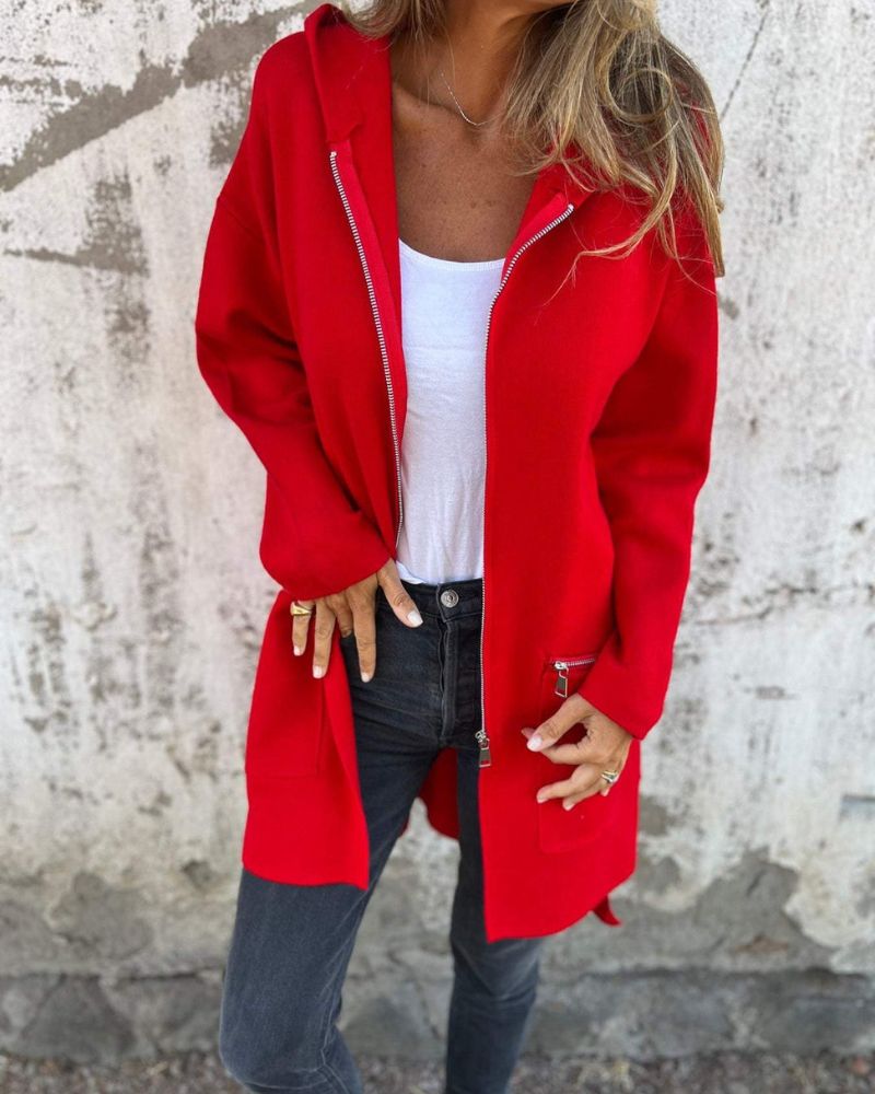 Women's hooded long sleeve open-front cardigan shown in a soft everyday style