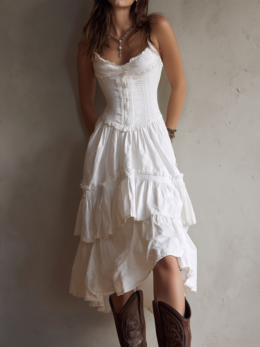 Boho corset midi dress with tiered skirt and delicate lace trim at the neckline