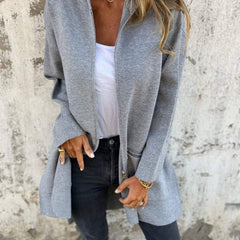 Women's hooded long sleeve open-front cardigan shown in a soft everyday style