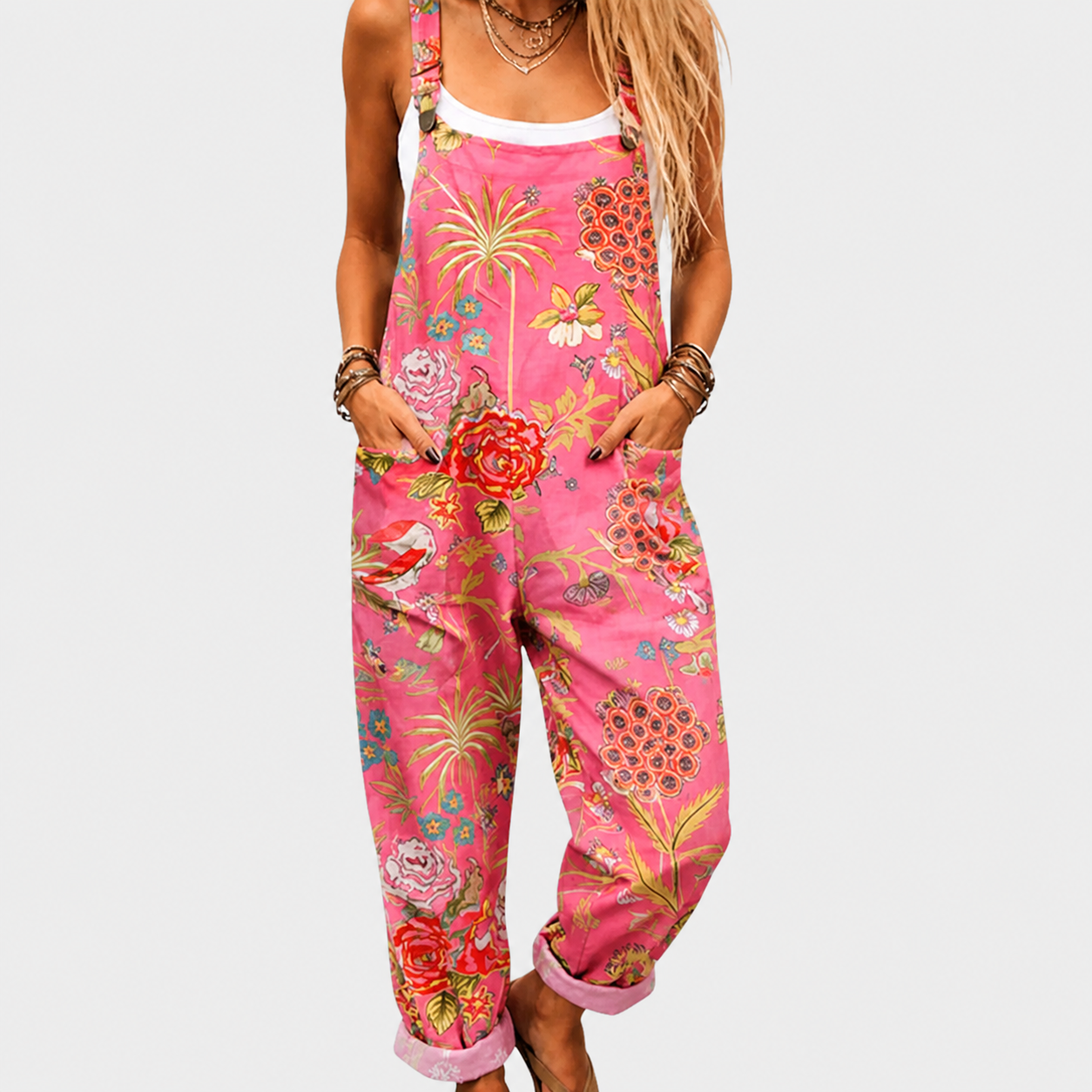 Printed wide-leg jumpsuit with adjustable straps in a relaxed, flowing cut