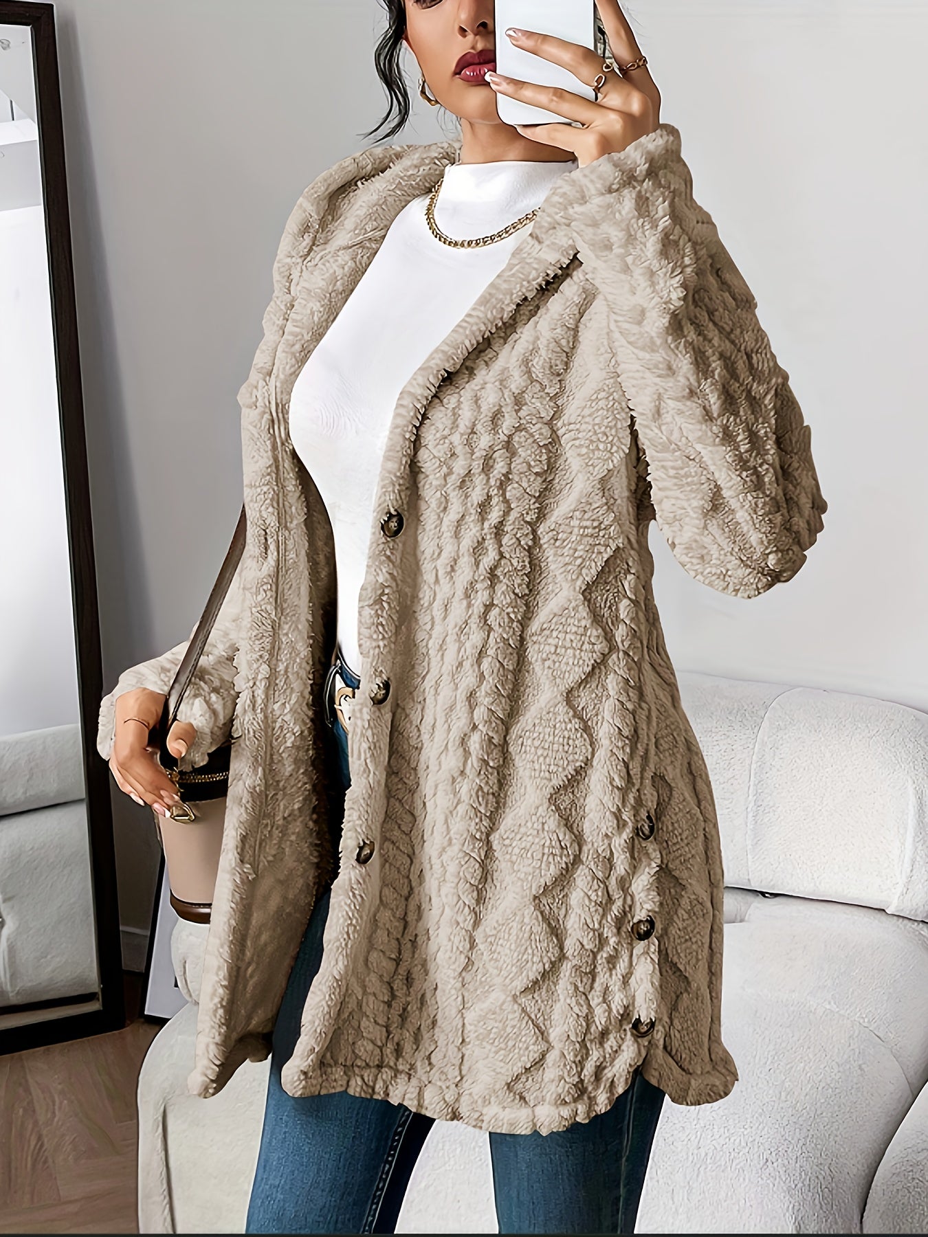 Colette | Hooded Longline Textured Button-Front Cardigan
