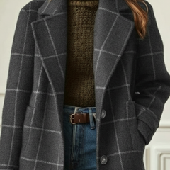 Women's retro tweed check coat with lapel collar in dark green and grey
