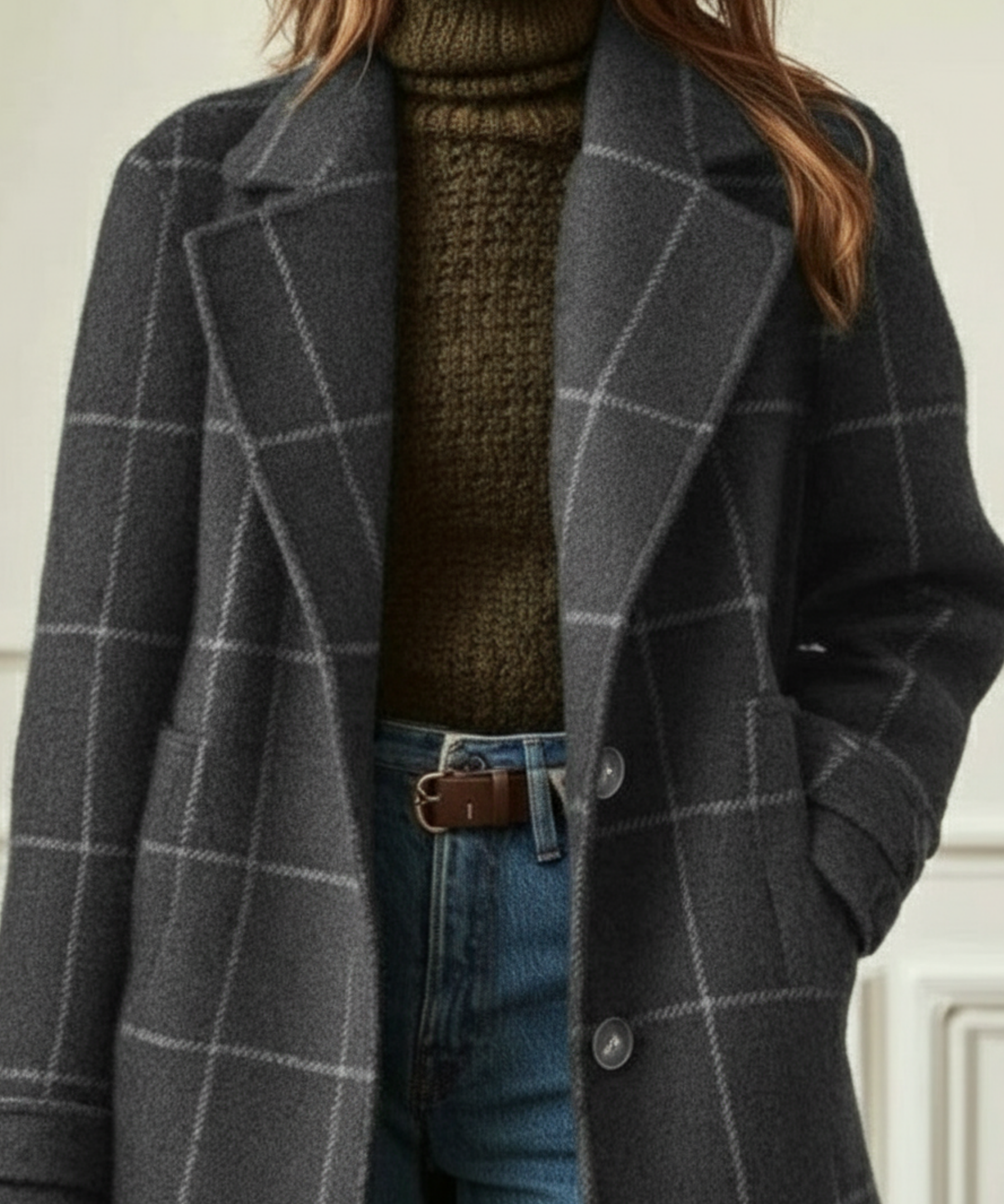 Women's retro tweed check coat with lapel collar in dark green and grey