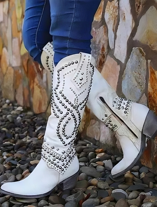 Knee-high pointed-toe boots with a mid block heel and side zipper