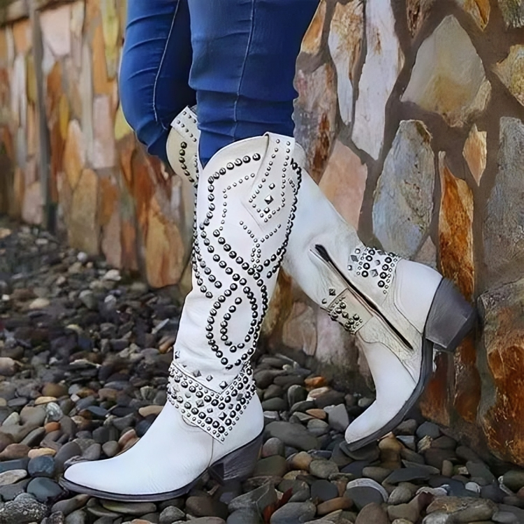 Knee-high pointed-toe boots with a mid block heel and side zipper