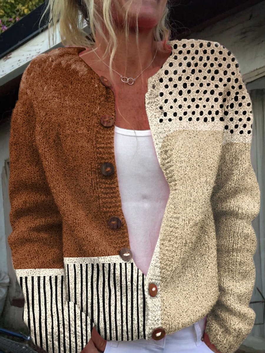 Eloise vintage patchwork knit cardigan in caramel and cream with open front and button closure