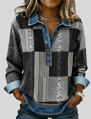Colourblock knit sweatshirt with button placket, contrast collar and rolled cuffs in blue, black and brown