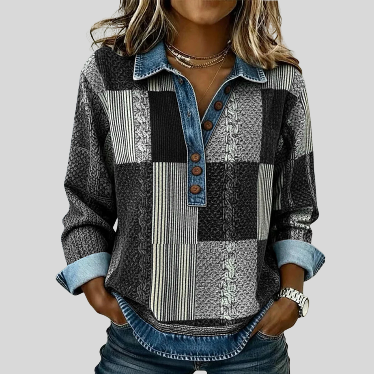 Colourblock knit sweatshirt with button placket, contrast collar and rolled cuffs in blue, black and brown