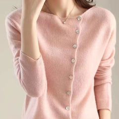Women's V-neck button-front long sleeve cardigan with softly shaped collar and hip-length hem