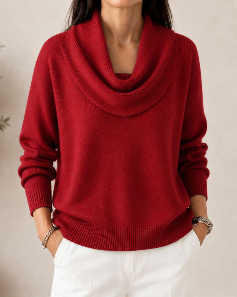 Caralina elegant cowl neck knit jumper with softly draped neckline and relaxed fit