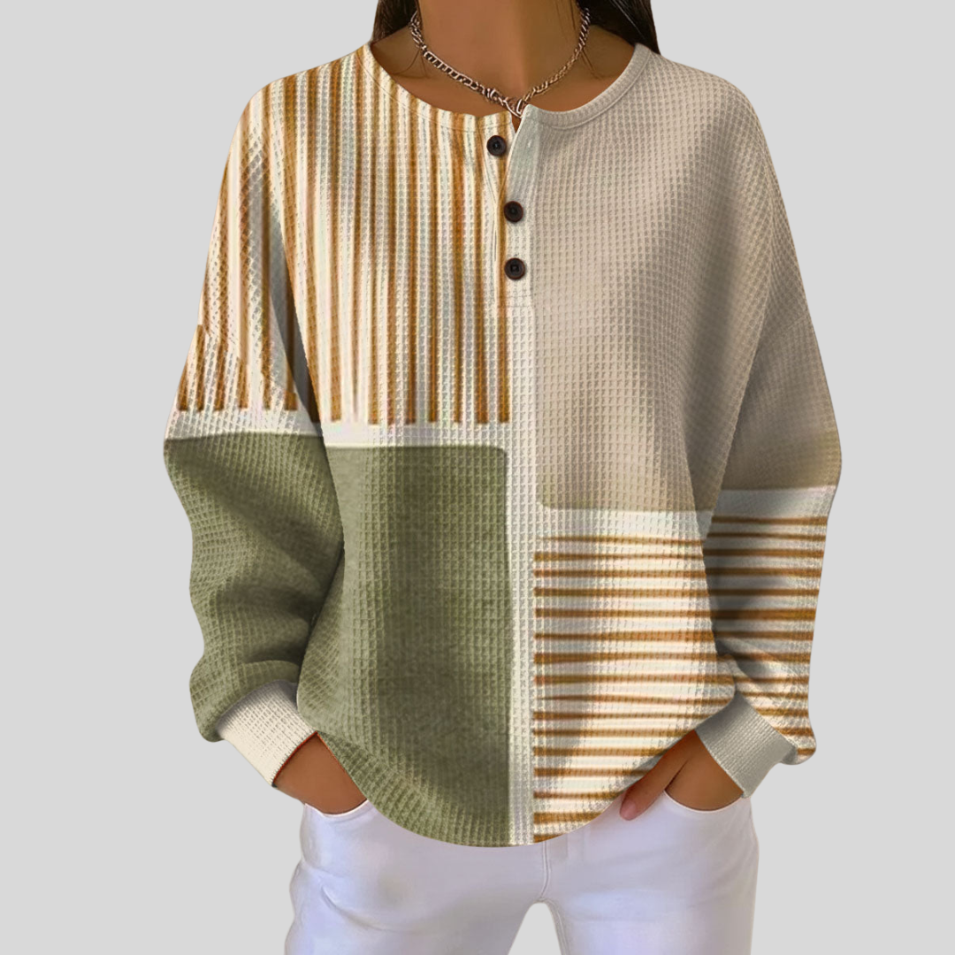 Waffle-knit Henley sweatshirt in sage green, gold and cream colour-block with three-button neckline