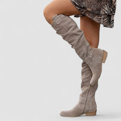 Slouch Western knee boots with perforated texture, block heel and side zipper in beige and khaki