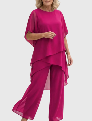 Women's flowing chiffon top with matching wide-leg trousers two-piece set