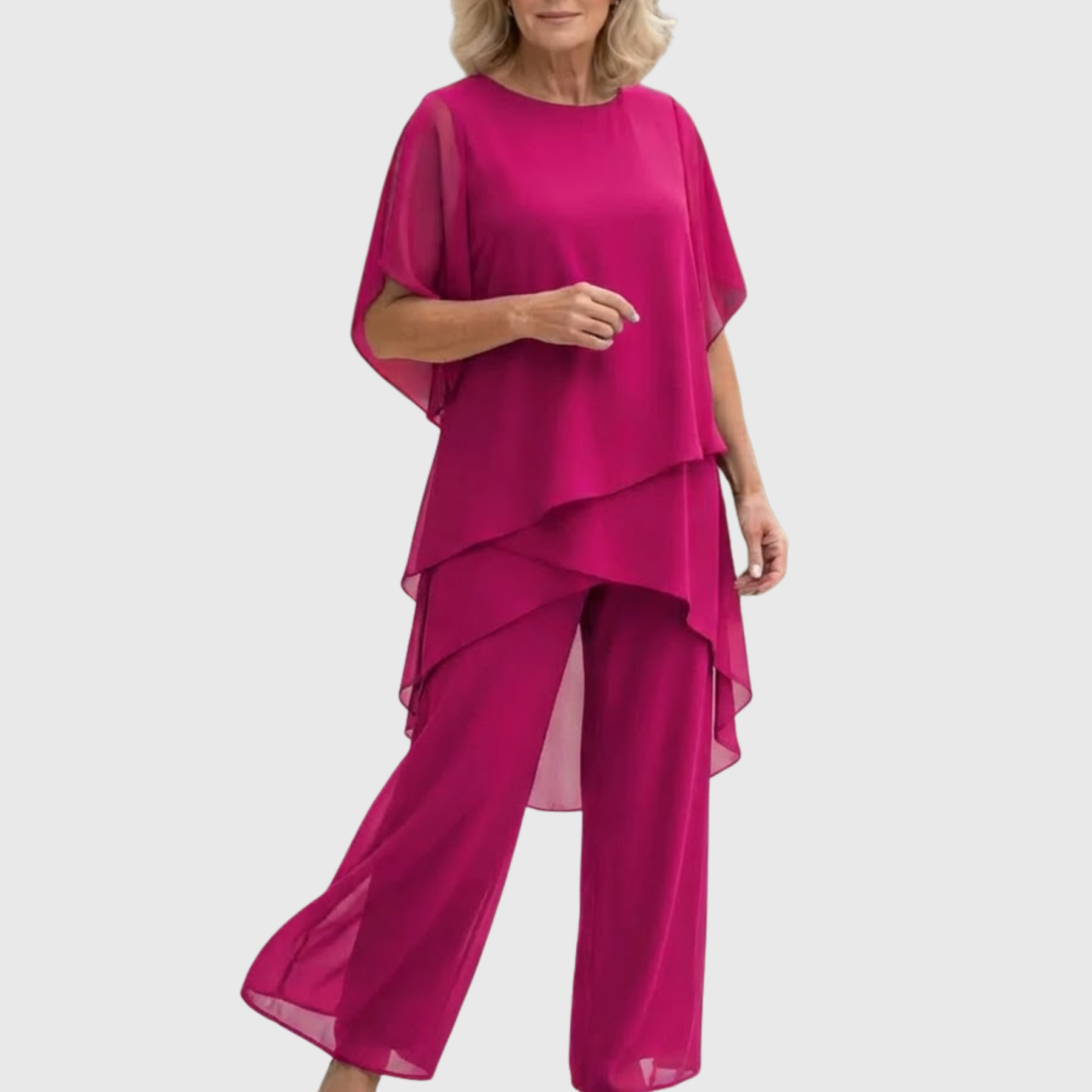 Women's flowing chiffon top with matching wide-leg trousers two-piece set