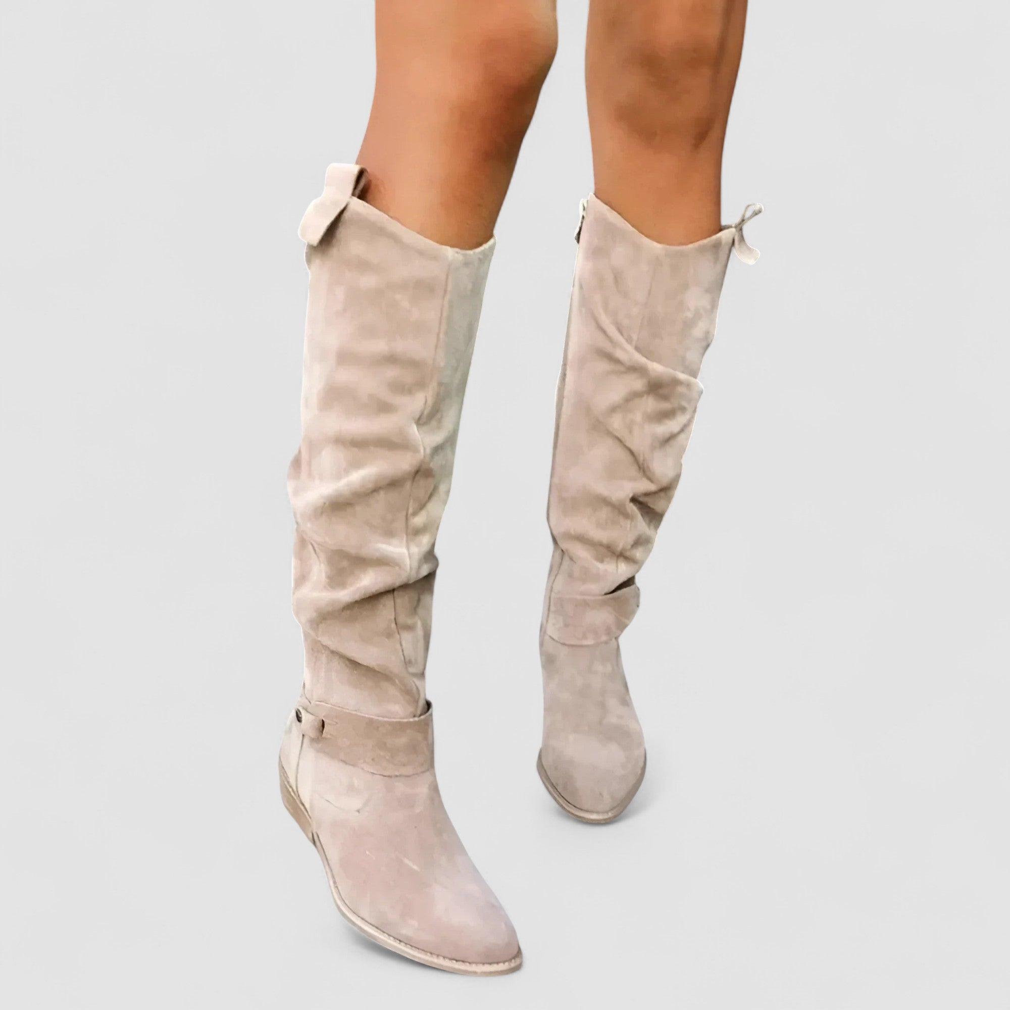 Slouch knee-high riding boots with ankle buckle strap and low block heel
