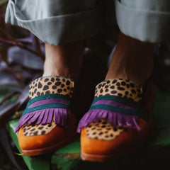 Brown animal print loafers with decorative fringes for women