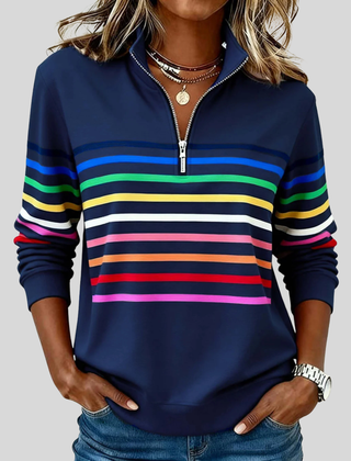 Colourful horizontal striped quarter-zip sweatshirt with silver zip and ribbed cuffs