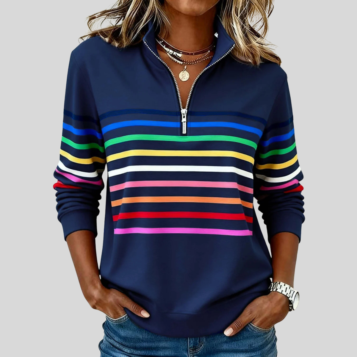 Colourful horizontal striped quarter-zip sweatshirt with silver zip and ribbed cuffs