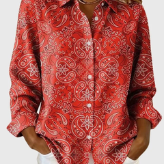 Paisley print button-up blouse with classic collar in pink