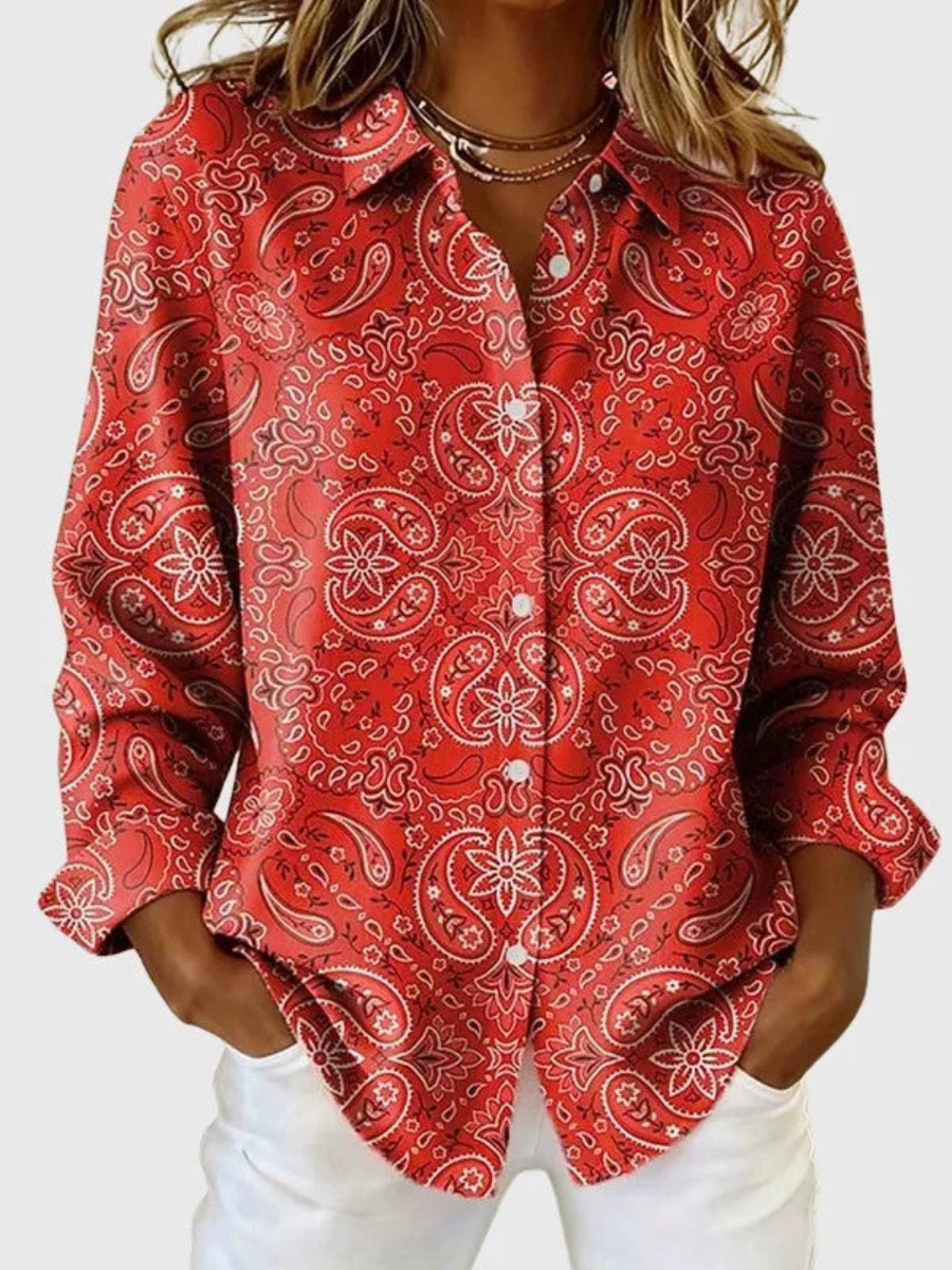 Paisley print button-up blouse with classic collar in pink