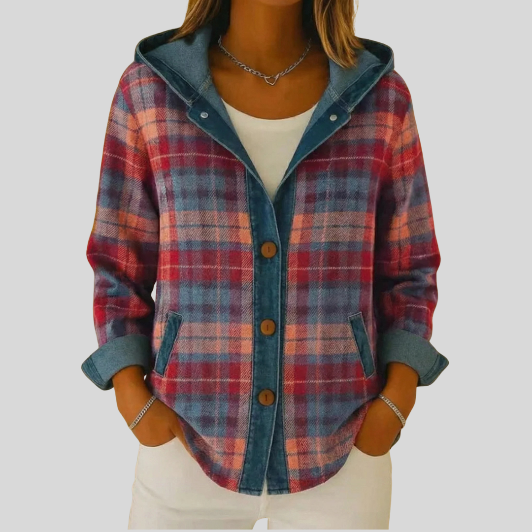 Red, blue and peach plaid hooded shacket with denim-lined hood and wood-tone button front