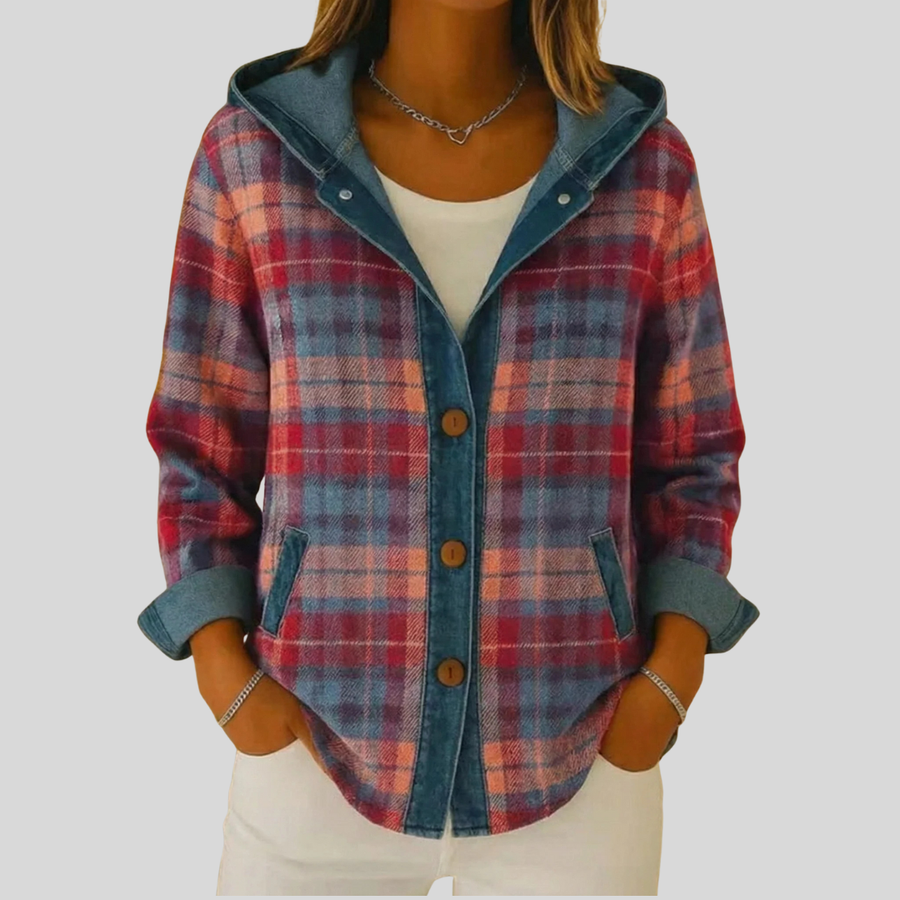 Red, blue and peach plaid hooded shacket with denim-lined hood and wood-tone button front
