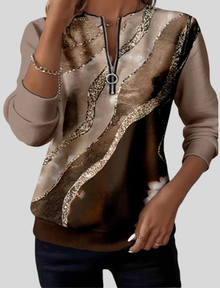 Vintage print half-zip sweatshirt with ribbed cuffs and banded hem, shown in mocha bronze