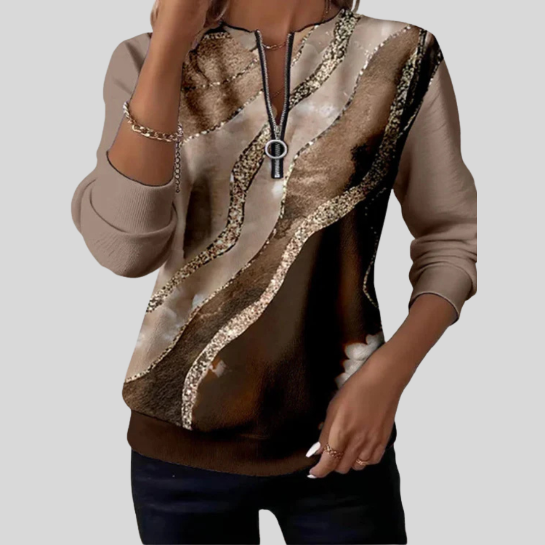Vintage print half-zip sweatshirt with ribbed cuffs and banded hem, shown in mocha bronze