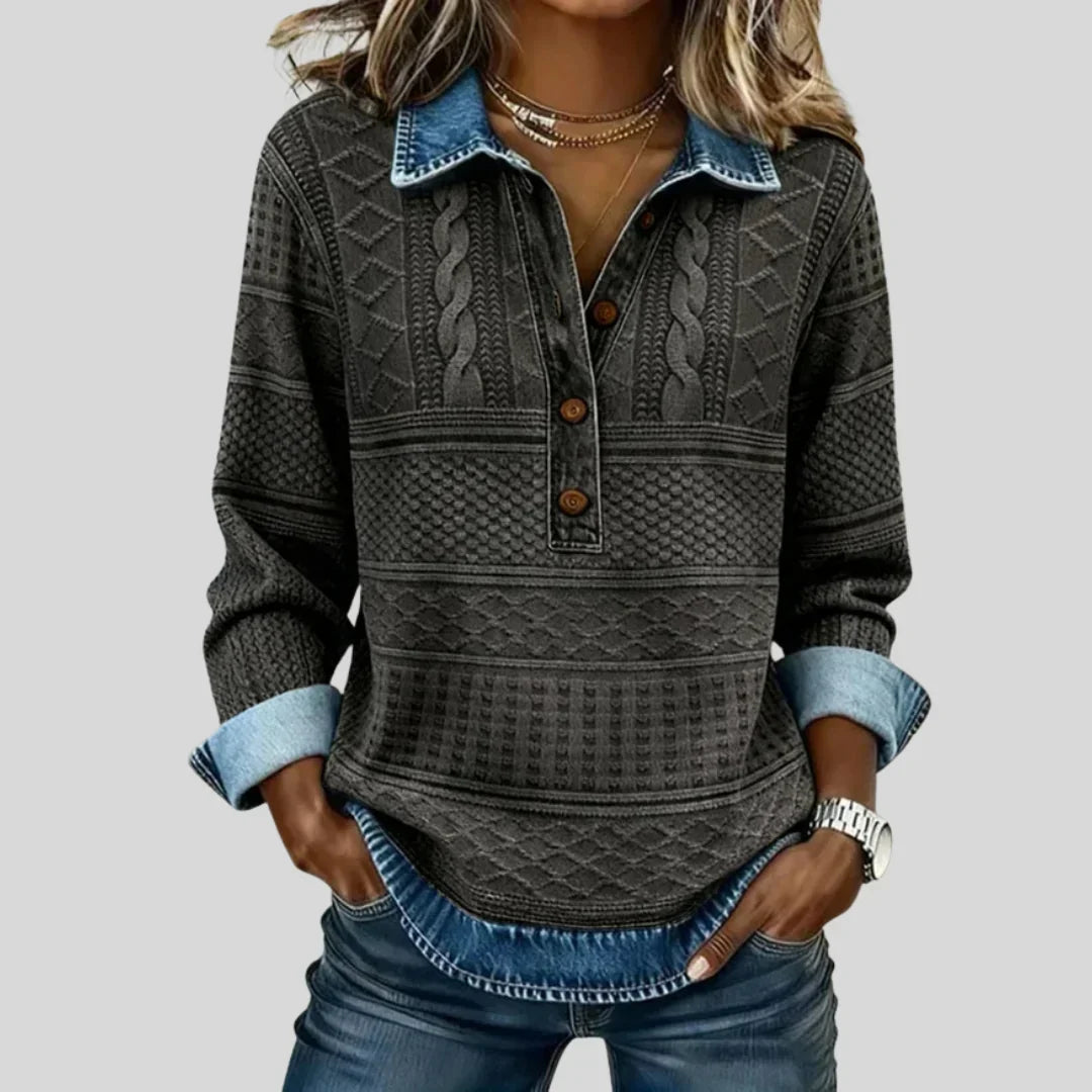 Women's vintage cable knit collared jumper with buttons and rolled cuffs