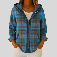 Hooded plaid shacket with denim trim, chunky buttons and front patch pockets in a relaxed fit