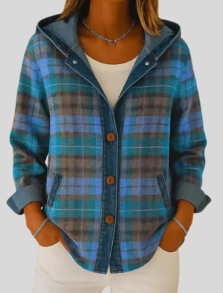 Hooded plaid shacket with denim trim, chunky buttons and front patch pockets in a relaxed fit