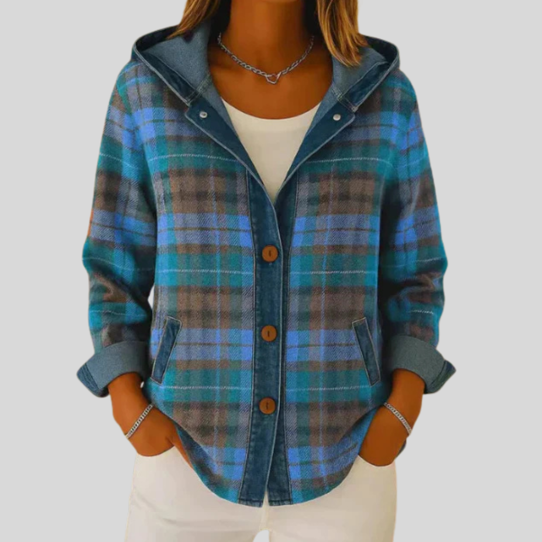 Hooded plaid shacket with denim trim, chunky buttons and front patch pockets in a relaxed fit