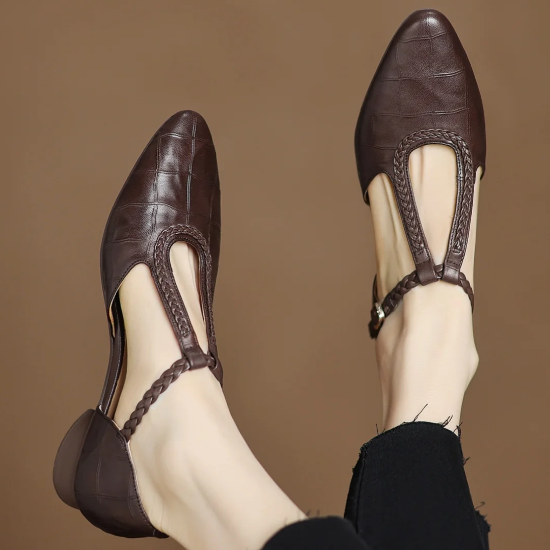 Women's leather T-strap Mary Jane flats with braided strap, buckle and pointed toe