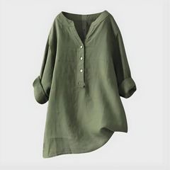 Woman wearing a relaxed cotton-linen V-neck blouse with soft draping