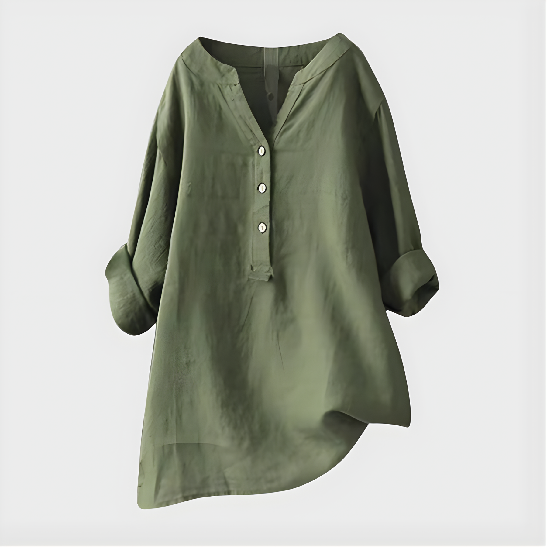 Woman wearing a relaxed cotton-linen V-neck blouse with soft draping