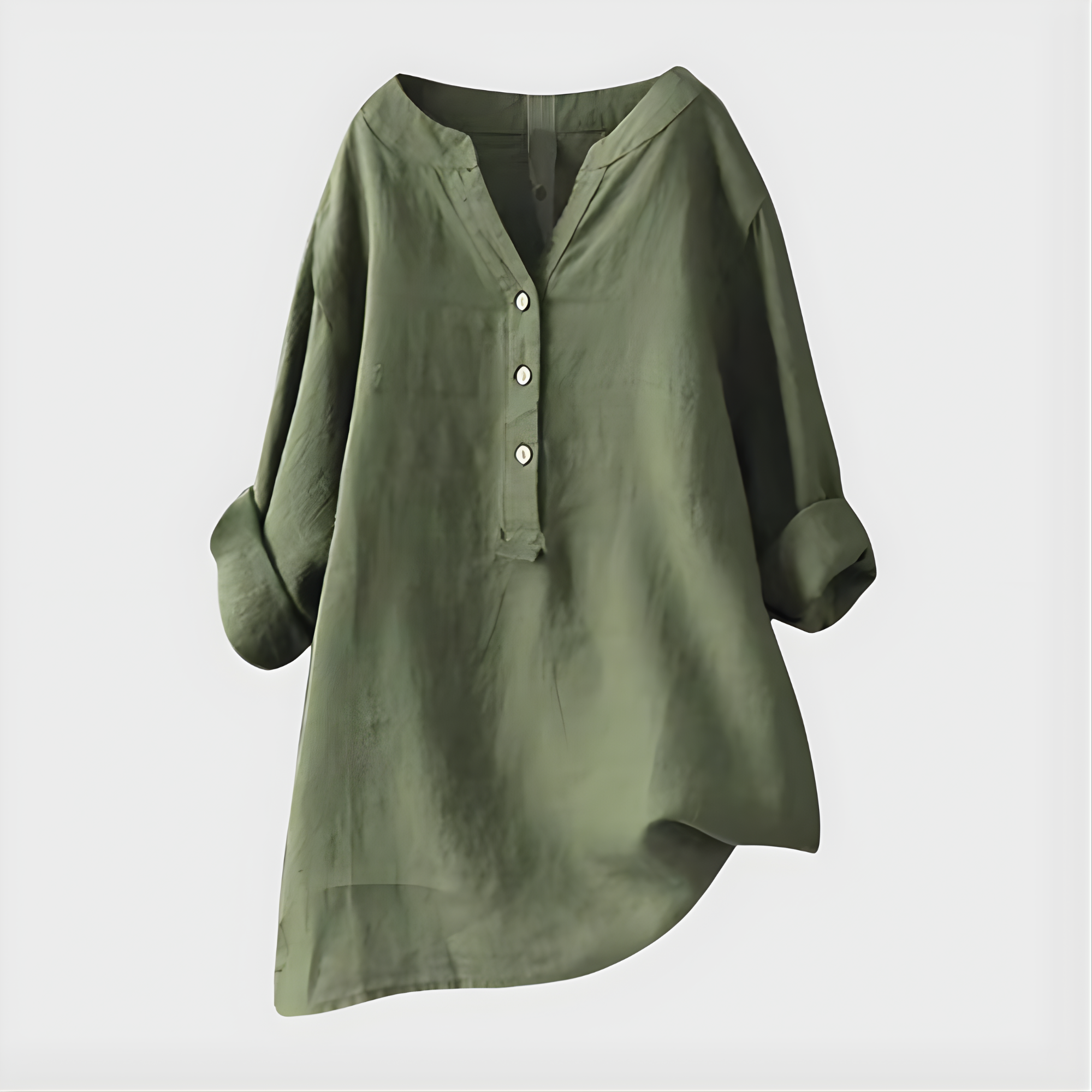 Woman wearing a relaxed cotton-linen V-neck blouse with soft draping