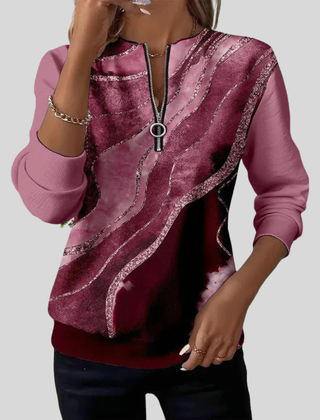 Vintage print half-zip sweatshirt with ribbed cuffs and banded hem, shown in mocha bronze